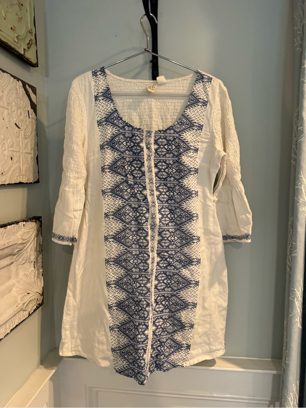 Billabong White Tunic with Blue Geometric Embroidery